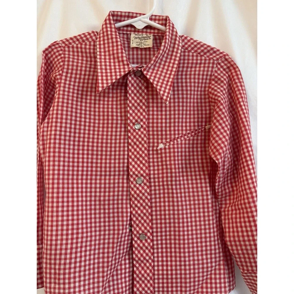 Vintage 70s Sears Western Pearl Snap Shirt Red White Cowboy Button Boy's Size 6